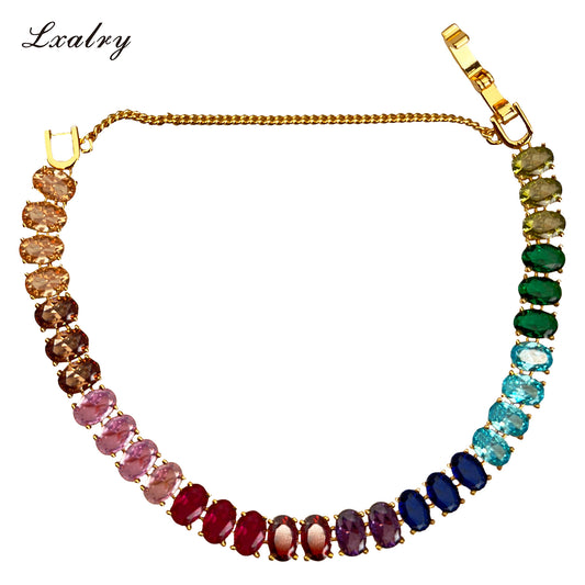 18K Gold Plated Rainbow Zircon Bracelet – Colorful Tennis Chain by Lxalry (Non-Tarnish & Hypoallergenic)