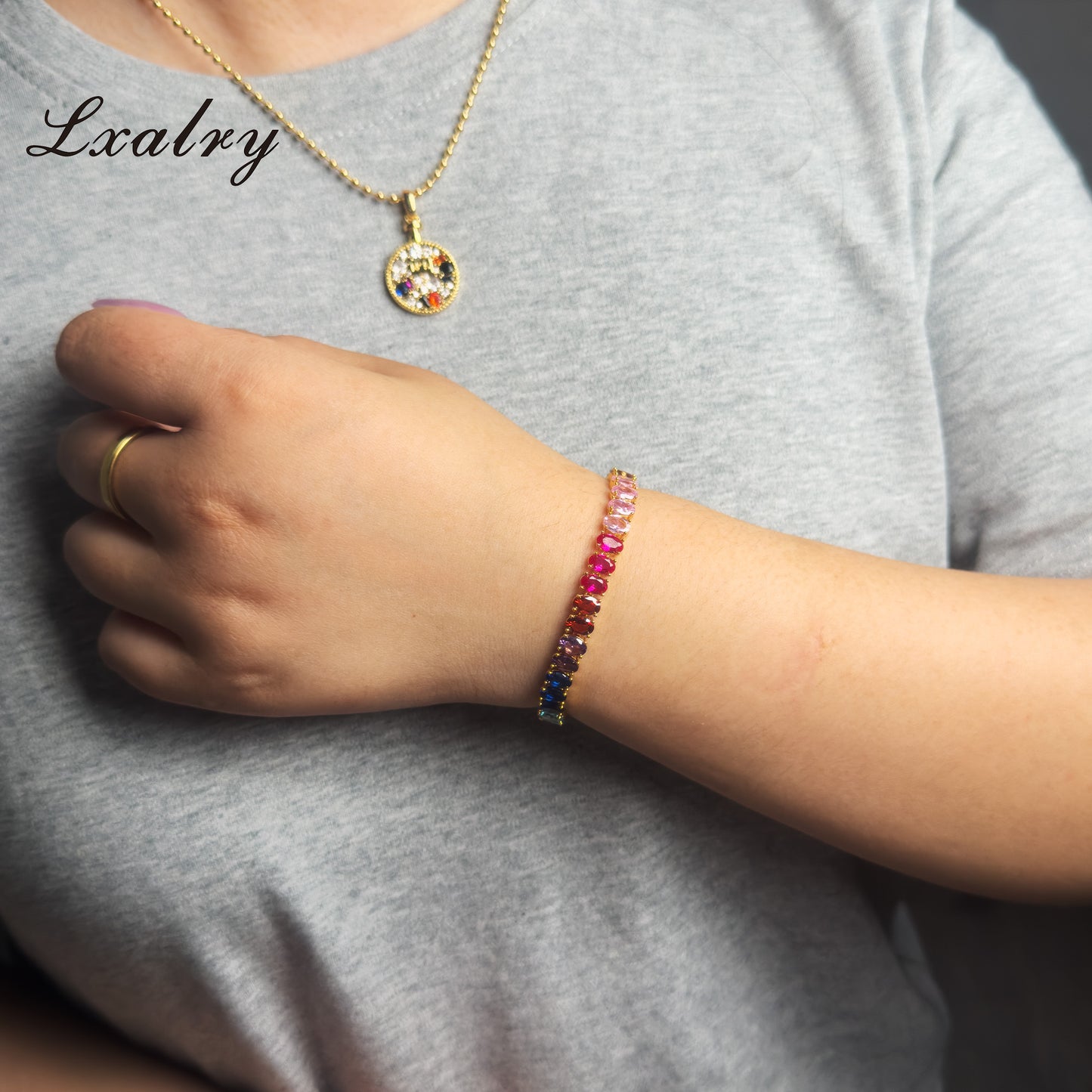 18K Gold Plated Rainbow Zircon Bracelet – Colorful Tennis Chain by Lxalry (Non-Tarnish & Hypoallergenic)